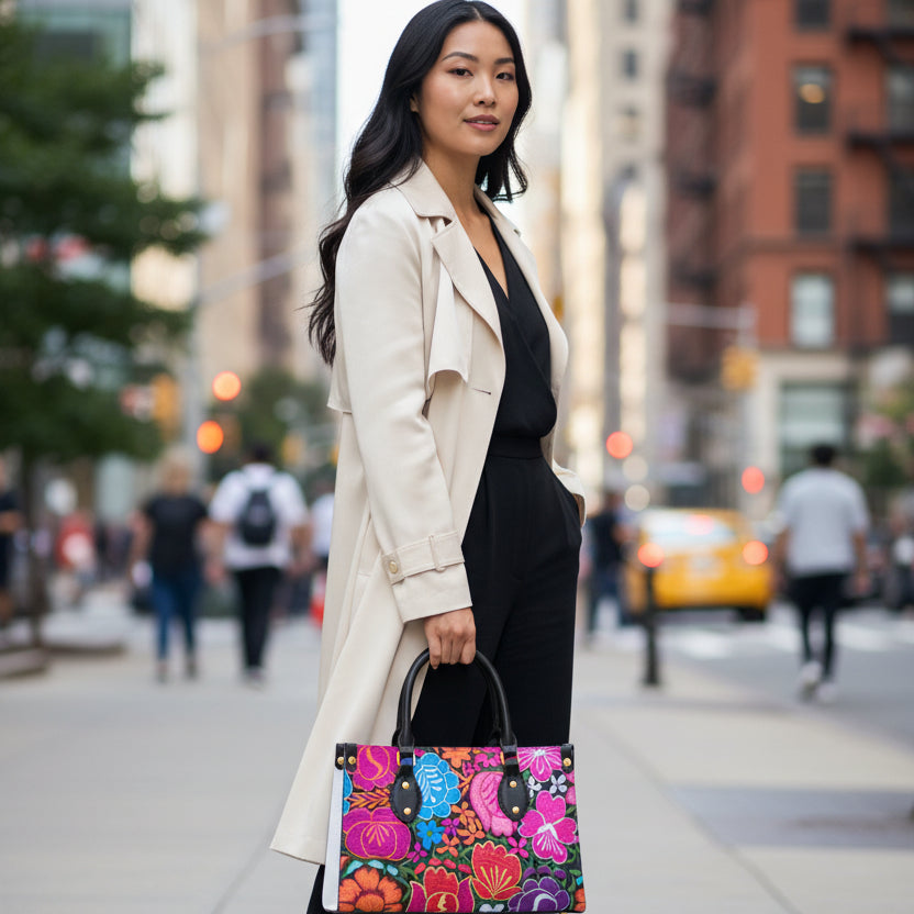 Colorful Embroidery Inspired Floral Themed Women's Tote Bag With Black Handle
