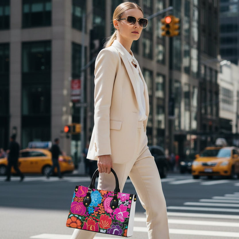 Colorful Embroidery Inspired Floral Themed Women's Tote Bag With Black Handle Yoycol