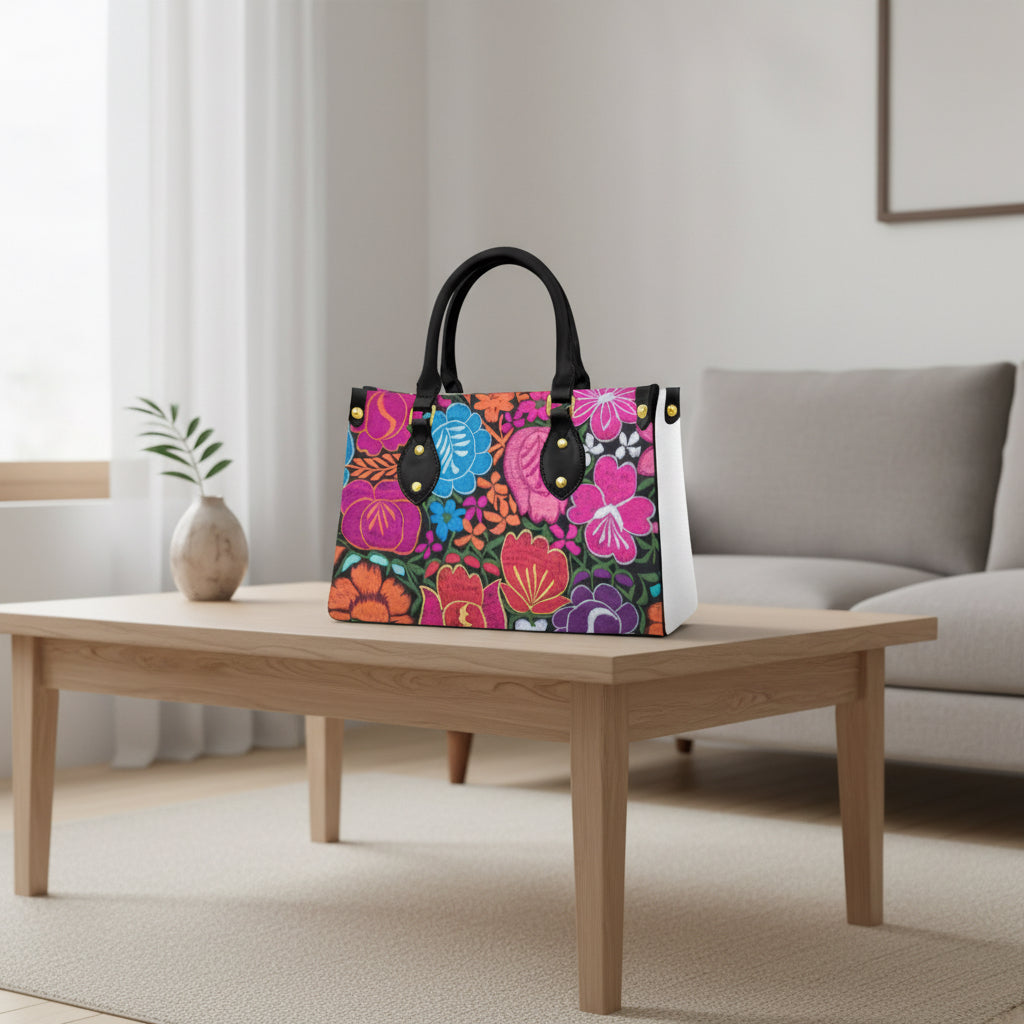 Colorful Embroidery Inspired Floral Themed Women's Tote Bag With Black Handle