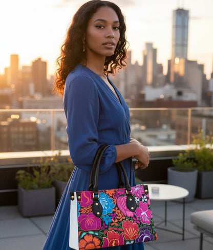 Colorful Embroidery Inspired Floral Themed Women's Tote Bag With Black Handle