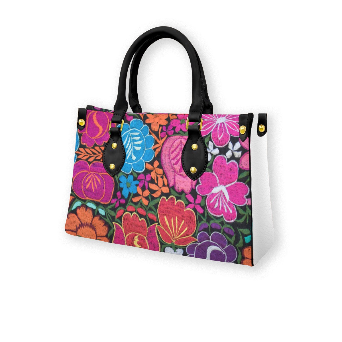 Colorful Embroidery Inspired Floral Themed Women's Tote Bag With Black Handle