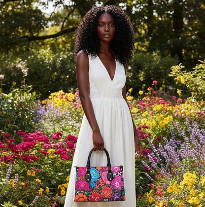 Colorful Embroidery Inspired Floral Themed Women's Tote Bag With Black Handle