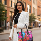 Colorful Embroidery Inspired Floral Themed Women's Tote Bag With Black Handle Yoycol