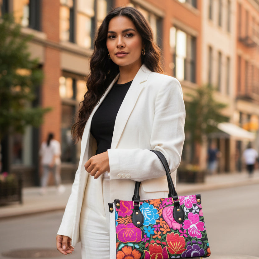 Colorful Embroidery Inspired Floral Themed Women's Tote Bag With Black Handle