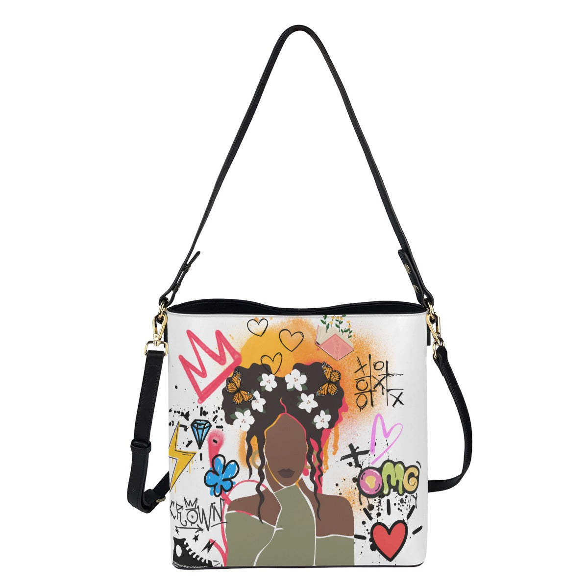 Graphic Afro Art Themed Minimalist Square Crossbody Bucket Bag