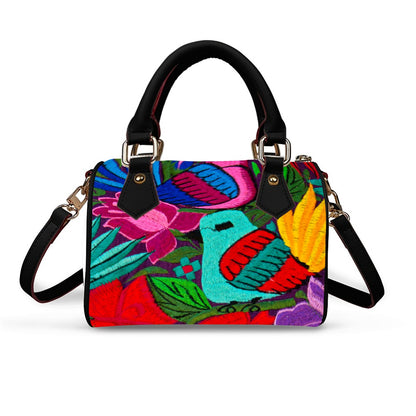 Ornithology and Botanical Embroidery Inspired Classic Barrel-Shaped PU Leather Handbag