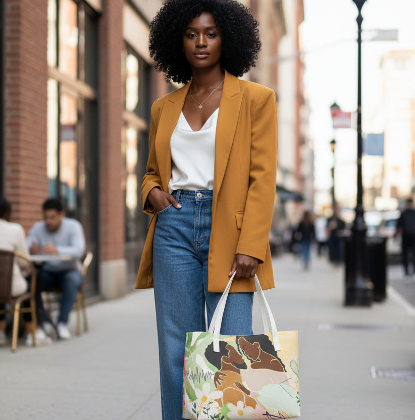 Afro Love & Music Themed PU Leather Tote Bag