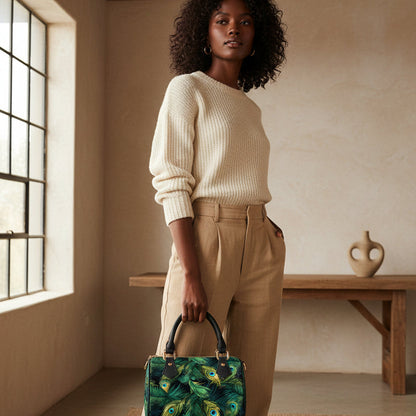 Classic Barrel-Shaped PU Leather Handbag Featuring a Peacock Feather-Inspired Design