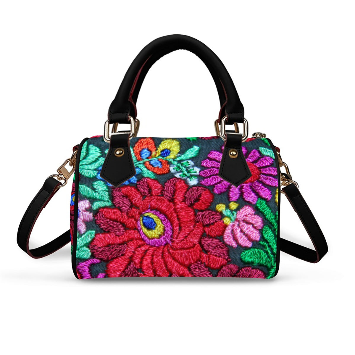 All -Over Colorful Floral Themed Classic Barrel-Shaped PU Leather Handbag