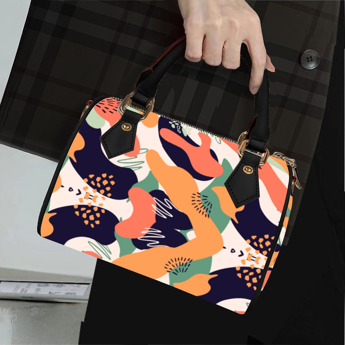 All-Over Colorful Patterned Classic Barrel-Shaped PU Leather Handbag