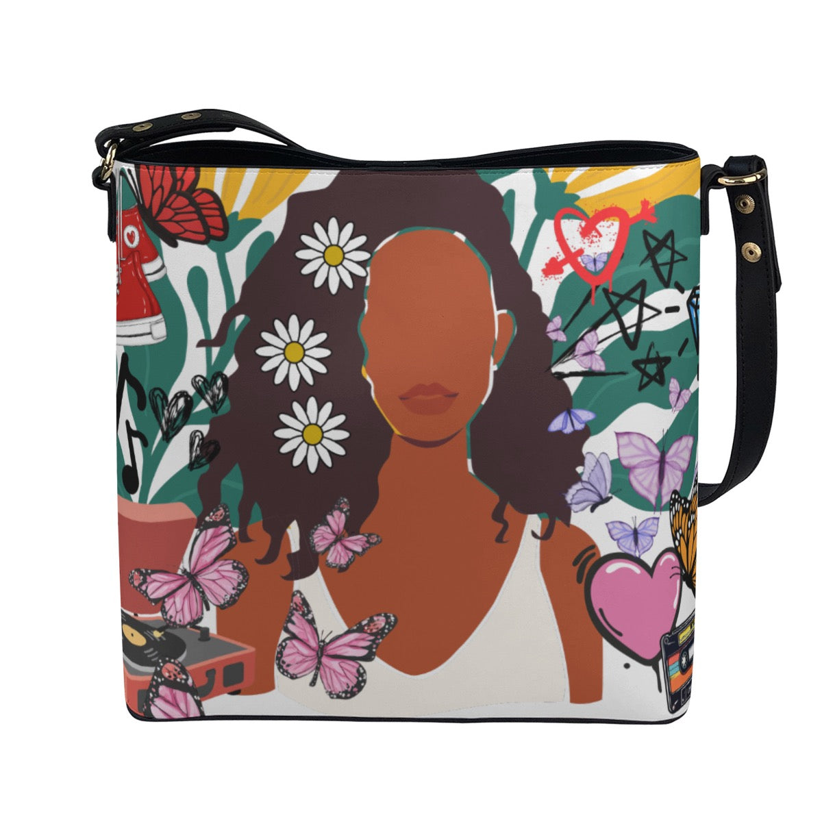Black Art Themed Graphic Minimalist Square Crossbody Bucket Bag