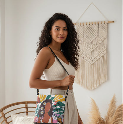 Black Art Themed Graphic Minimalist Square Crossbody Bucket Bag