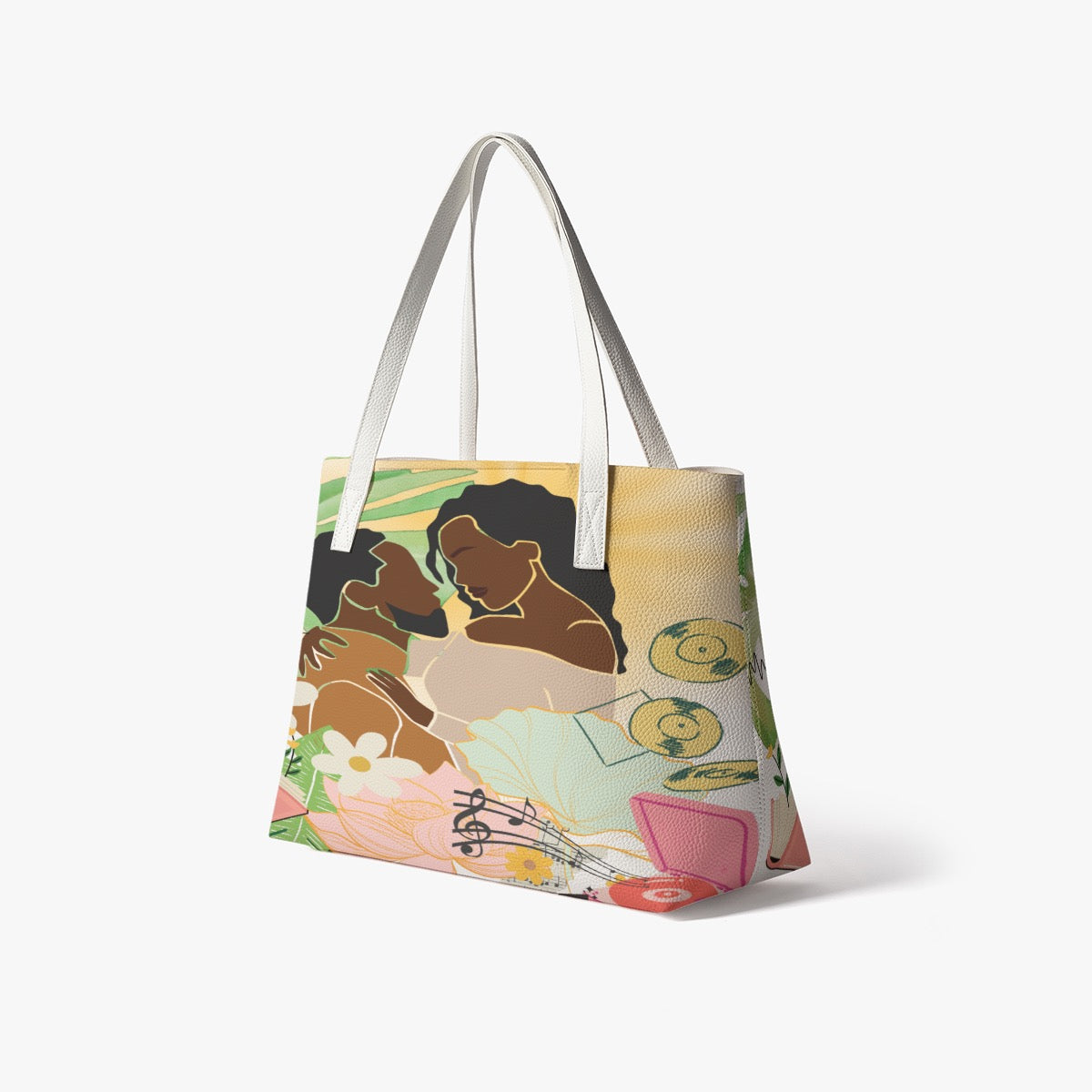 Afro Love & Music Themed PU Leather Tote Bag