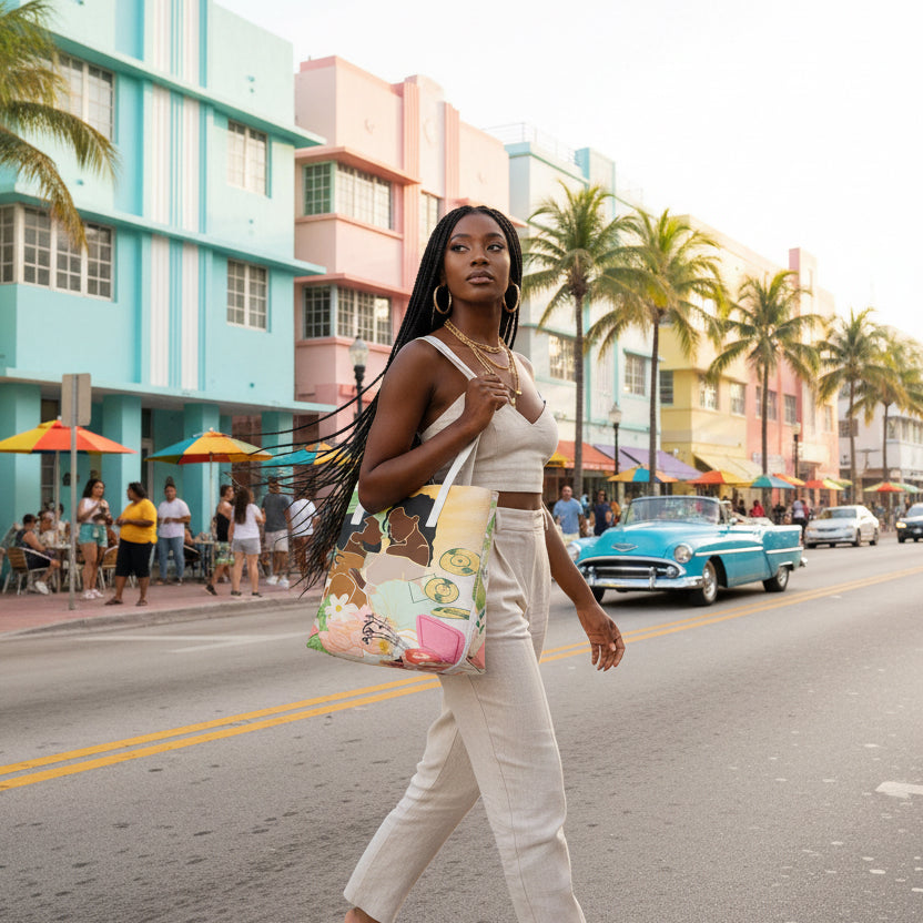 Afro Love & Music Themed PU Leather Tote Bag