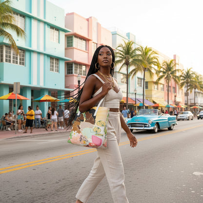 Afro Love & Music Themed PU Leather Tote Bag