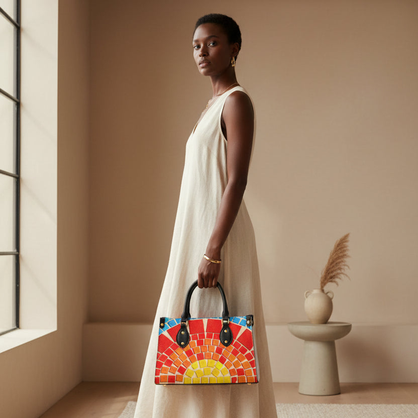 Women’s Tote Bag featuring a Colorful Tile-inspired Pattern and Black Handles Yoycol