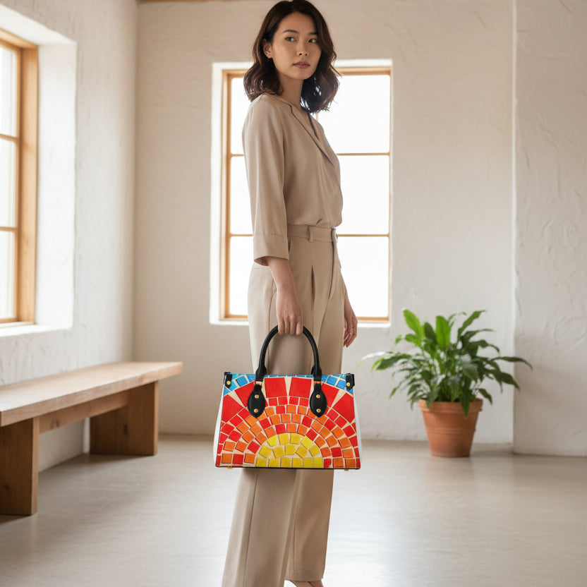 Women’s Tote Bag featuring a Colorful Tile-inspired Pattern and Black Handles