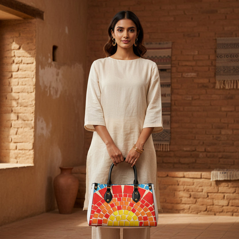 Women’s Tote Bag featuring a Colorful Tile-inspired Pattern and Black Handles