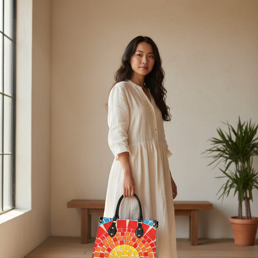 Colorful Tile Themed Women's Tote Bag With Black Handle
