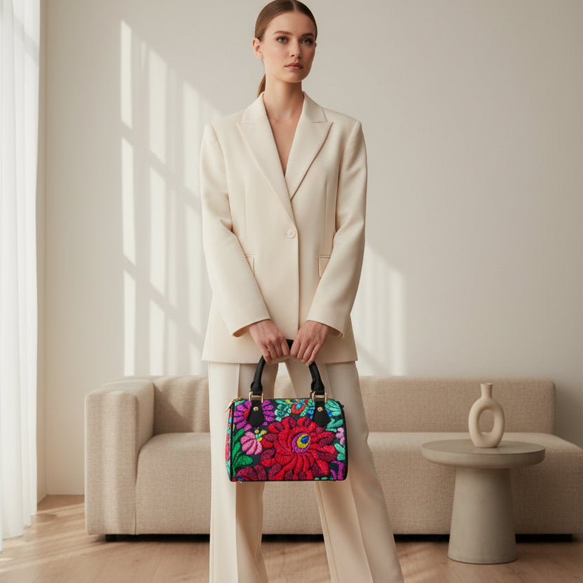 All -Over Colorful Floral Themed Classic Barrel-Shaped PU Leather Handbag