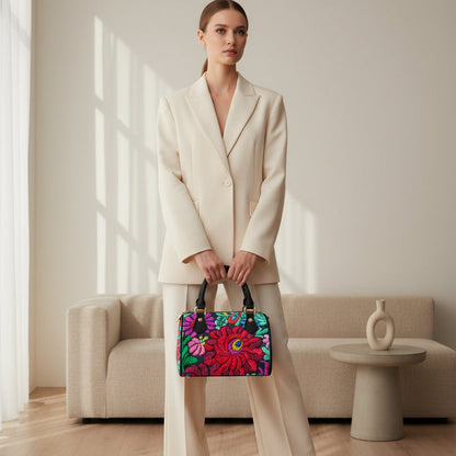 All -Over Colorful Floral Themed Classic Barrel-Shaped PU Leather Handbag