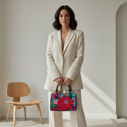 All -Over Colorful Floral Themed Classic Barrel-Shaped PU Leather Handbag