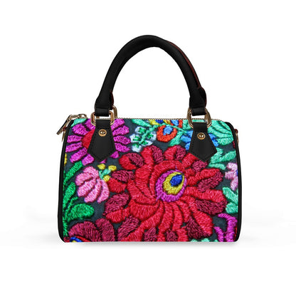 Botanical Floral Themed Barrel-Shaped PU Leather Handbag