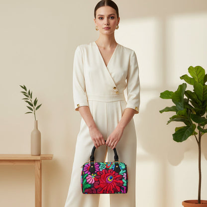 All -Over Colorful Floral Themed Classic Barrel-Shaped PU Leather Handbag