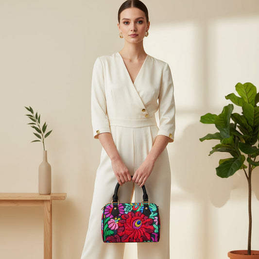 All -Over Colorful Floral Themed Classic Barrel-Shaped PU Leather Handbag