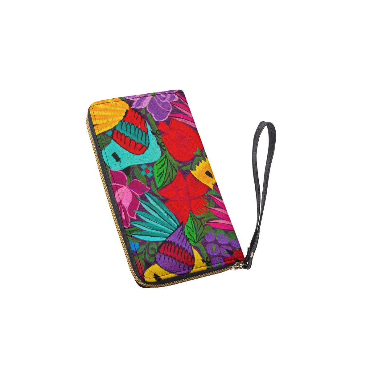 Ornithology and Floral Themed Long Wallet With Black Hand Strap