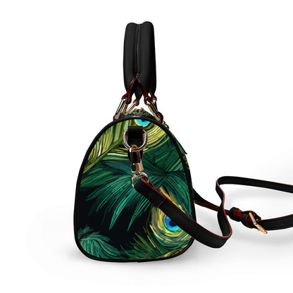 Classic Barrel-Shaped PU Leather Handbag Featuring a Peacock Feather-Inspired Design
