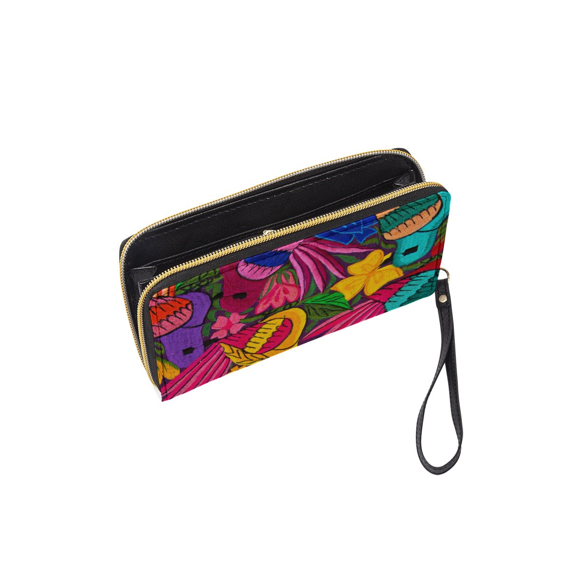 Ornithology and Floral Themed Long Wallet With Black Hand Strap