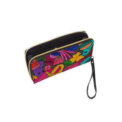 Ornithology and Floral Themed Long Wallet With Black Hand Strap