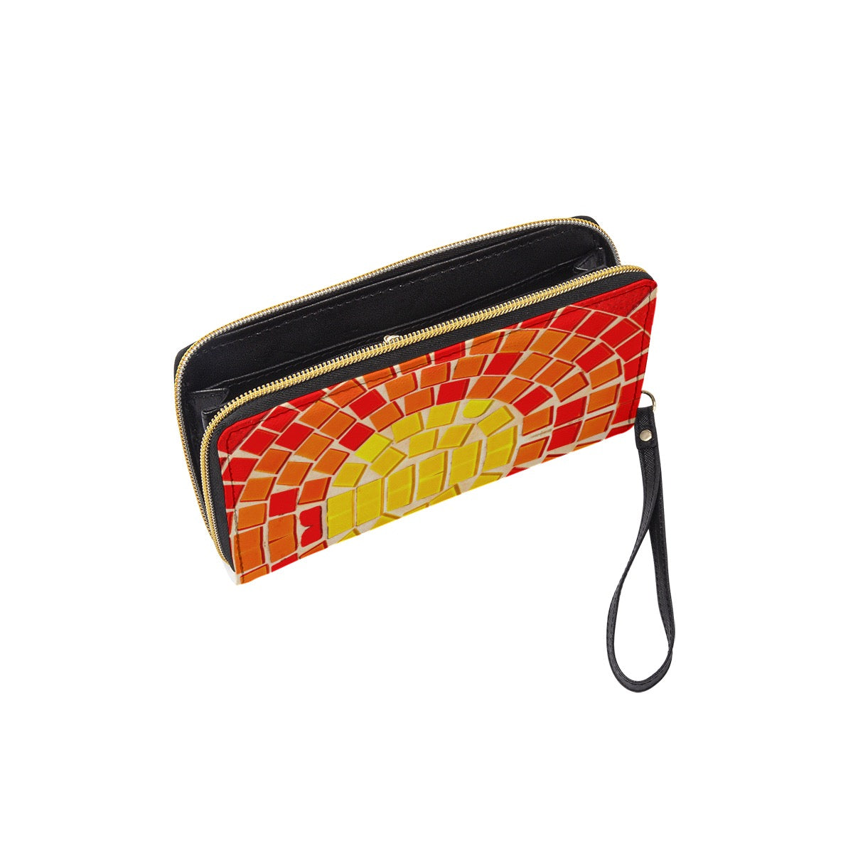 Colorful Tile Art Long Wallet With Black Hand Strap