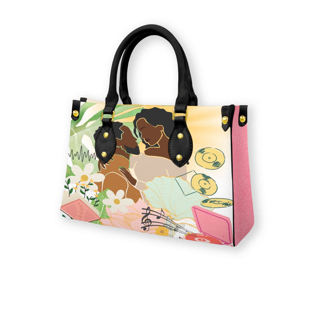 Black Couple Art Themed Women's Tote Bag With Black Handle with Pink Colored Sides