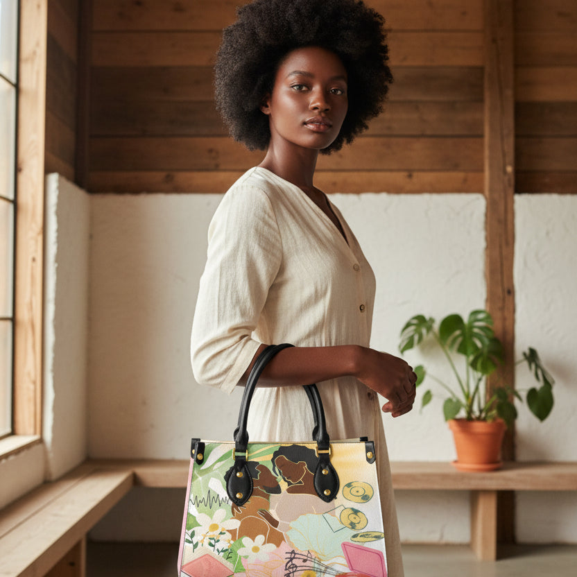Black Couple Art Themed Women's Tote Bag With Black Handle with Pink Colored Sides