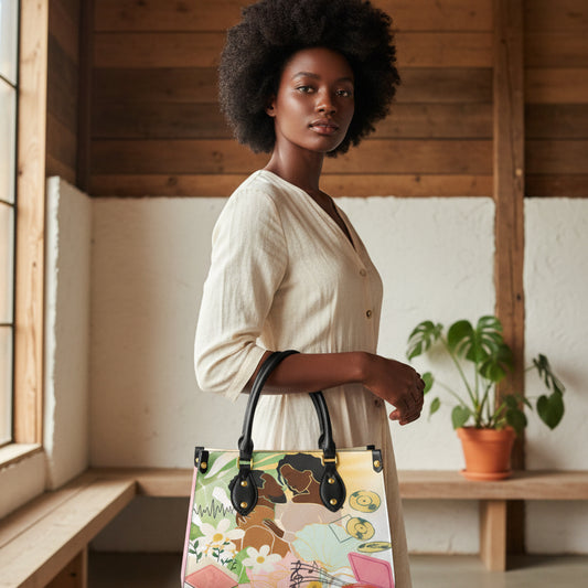 Black Couple Art Themed Women's Tote Bag With Black Handle with Pink Colored Sides