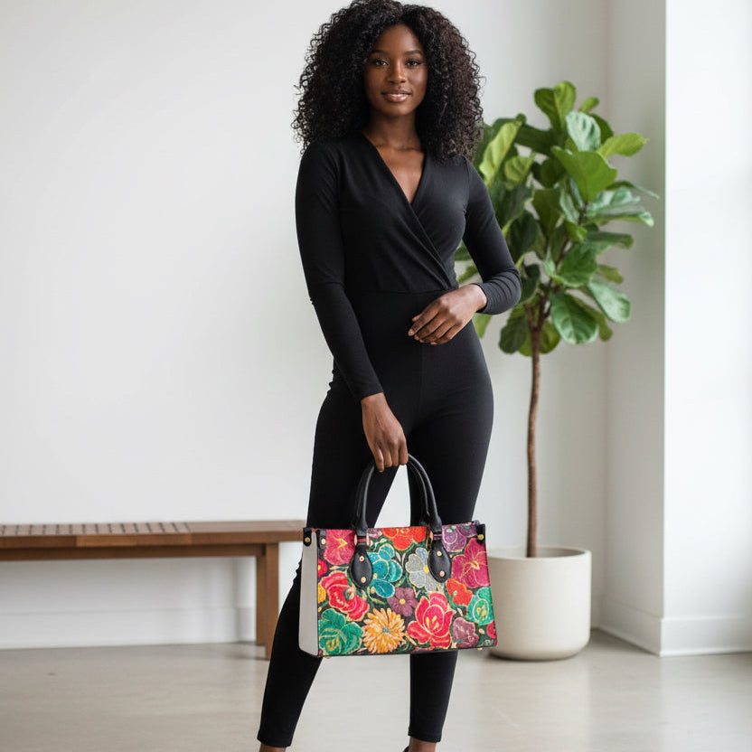 Embroidery Inspired Botanical Themed Women's Tote Bag With Black Handle