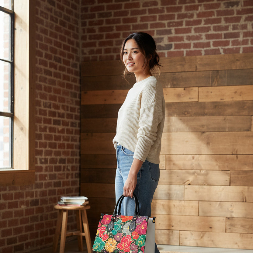 Embroidery Inspired Botanical Themed Women's Tote Bag With Black Handle