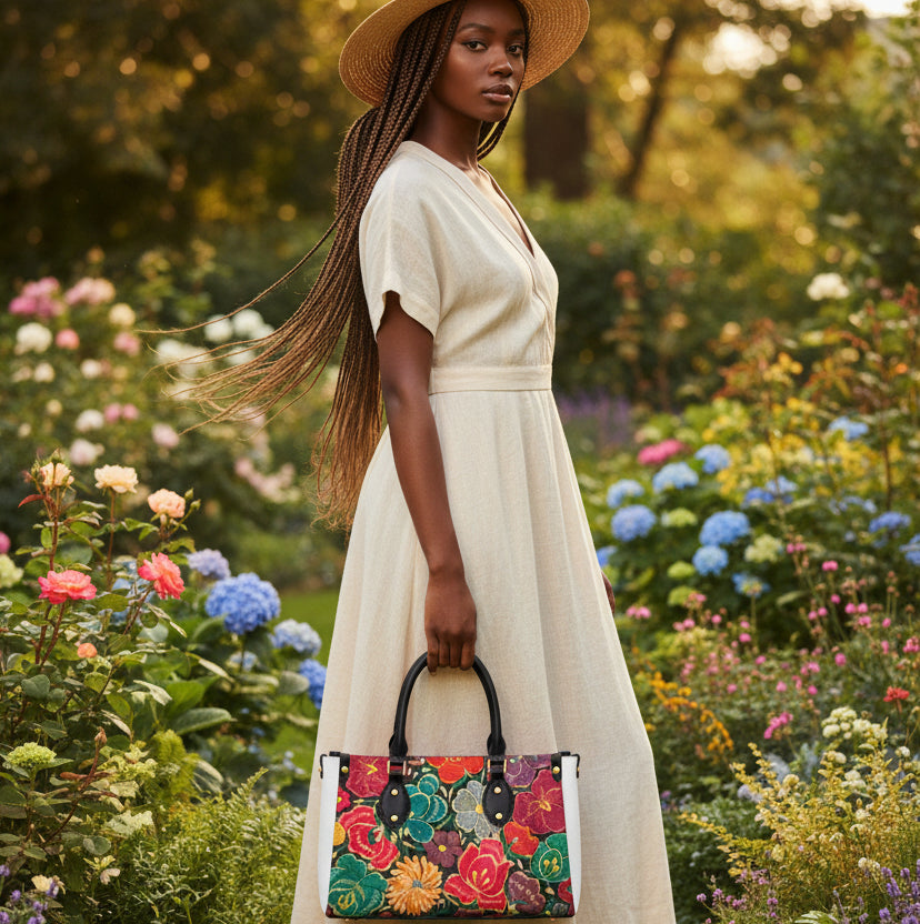 Embroidery Inspired Botanical Themed Women's Tote Bag With Black Handle