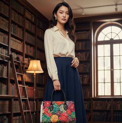 Embroidery Inspired Botanical Themed Women's Tote Bag With Black Handle