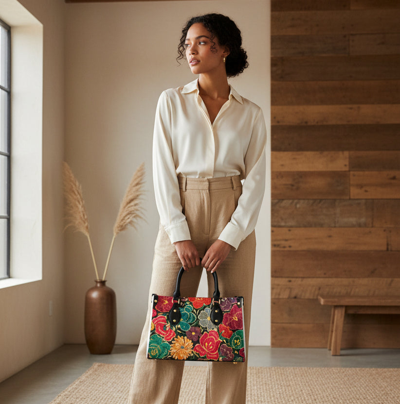 Embroidery Inspired Botanical Themed Women's Tote Bag With Black Handle