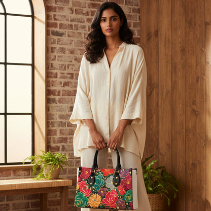Embroidery Inspired Botanical Themed Women's Tote Bag With Black Handle