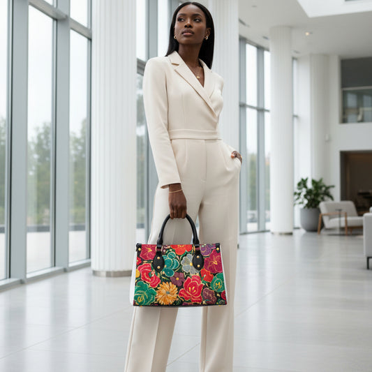 Embroidery Inspired Botanical Themed Women's Tote Bag With Black Handle Yoycol