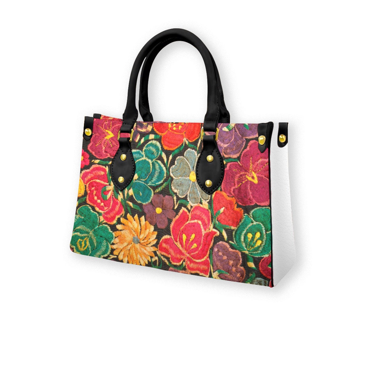 Embroidery Inspired Botanical Themed Women's Tote Bag With Black Handle
