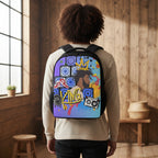 Graphic Student Backpack featuring Graffiti-inspired Urban Art and Black-Themed Aesthetic.