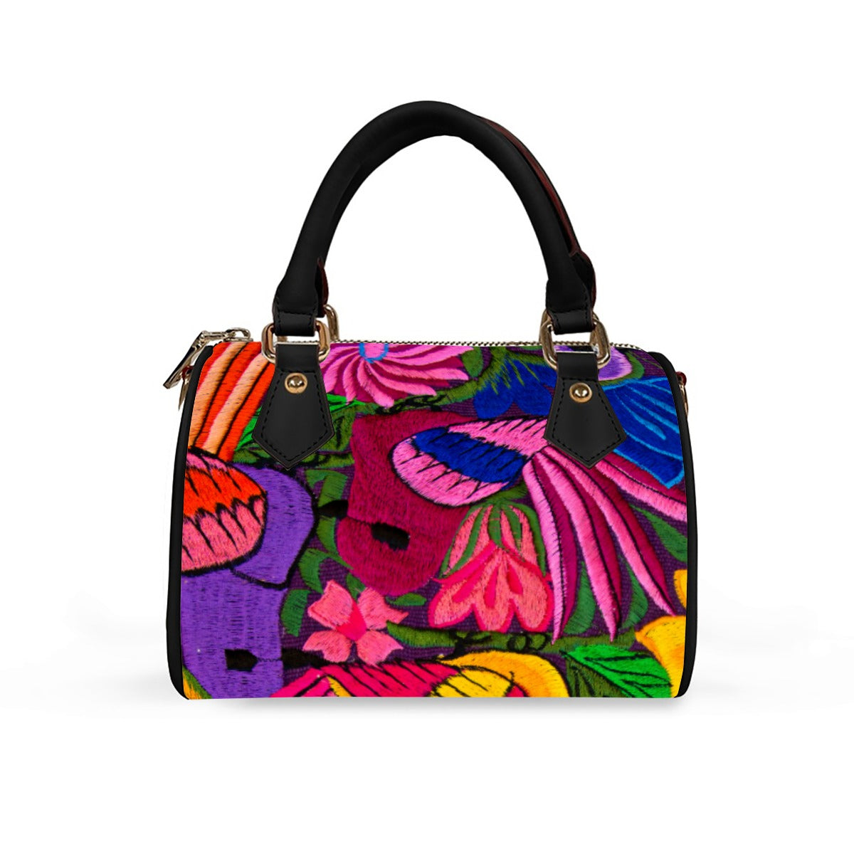 Ornithology and Botanical Embroidery Inspired Classic Barrel-Shaped PU Leather Handbag