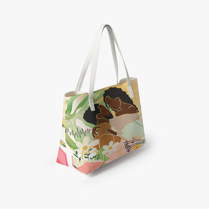 Afro Love & Music Themed PU Leather Tote Bag