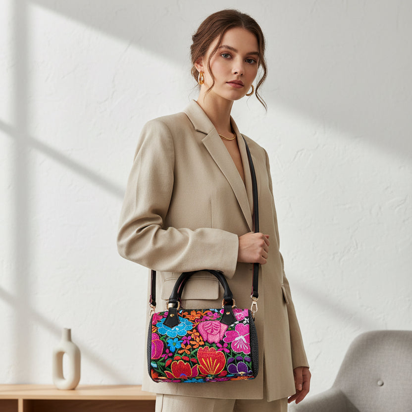Botanical FloralThemed  Barrel-Shaped PU Leather Handbag