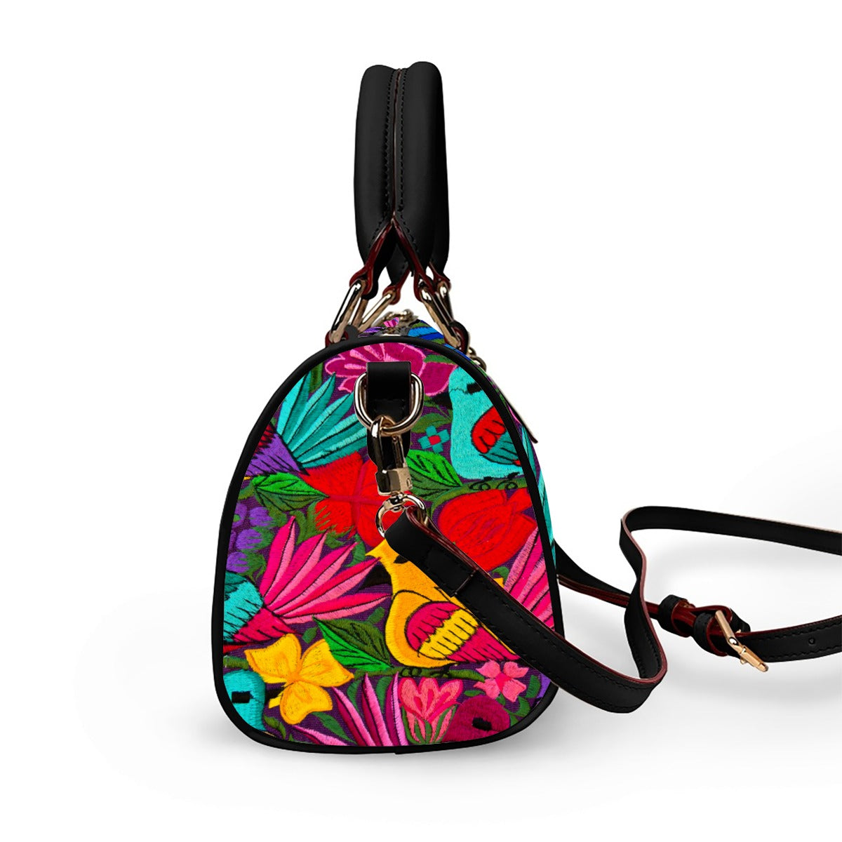All Over Colorful Botanical and Ornithology Themed Classic Barrel-Shaped PU Leather Handbag